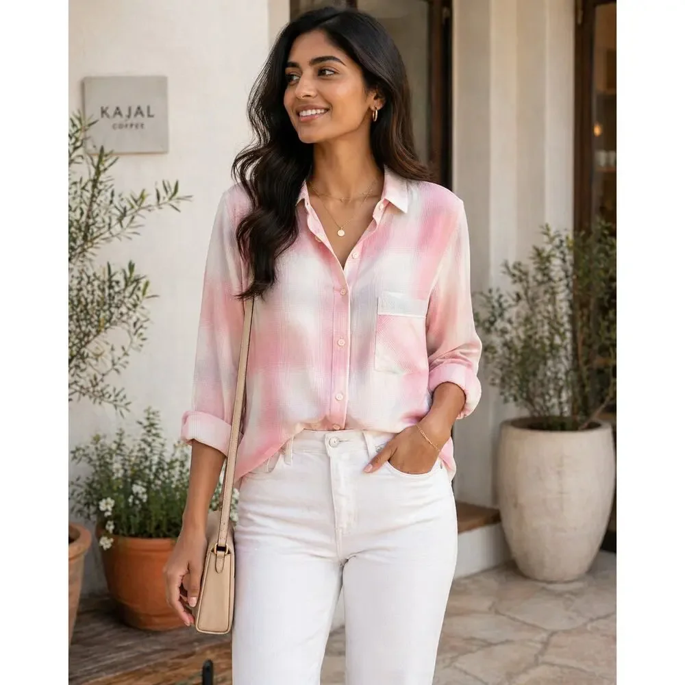 Victoria Secret Long Sleeve Pink Plaid Button Up 100% Cotton Shirt  Size M